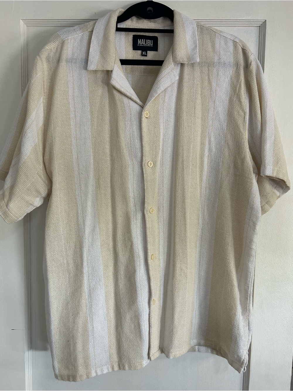 Malibu Beige & White Vertical-Striped Short Sleeve Camp Shirt